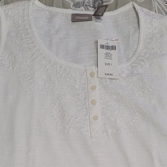 Chico's Off White Cotton Tank w/Embroidery & Button Detail Medium NWT - Picture 2 of 8